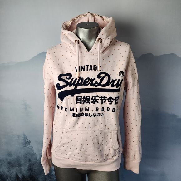 Superdry Vintage Premium Goods Shimmer All Over Print Blush Hoodie | Women's 8 - Picture 1 of 16